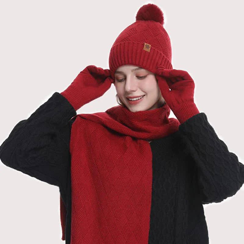 3Pcs Solid Color Fluffy Pom Pom Hat Scarf Gloves Set - Image 11