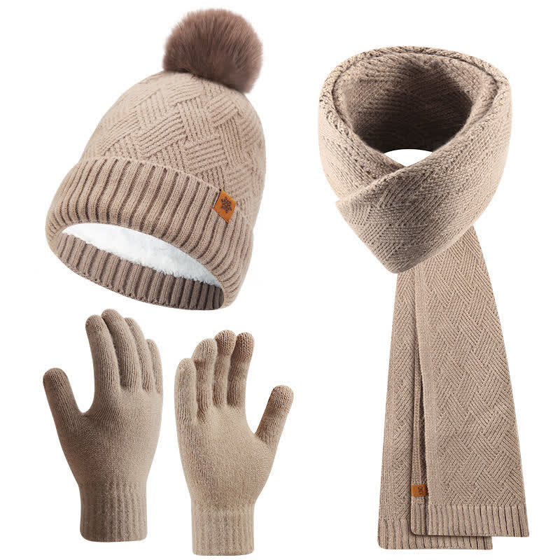 3Pcs Solid Color Fluffy Pom Pom Hat Scarf Gloves Set - Image 12