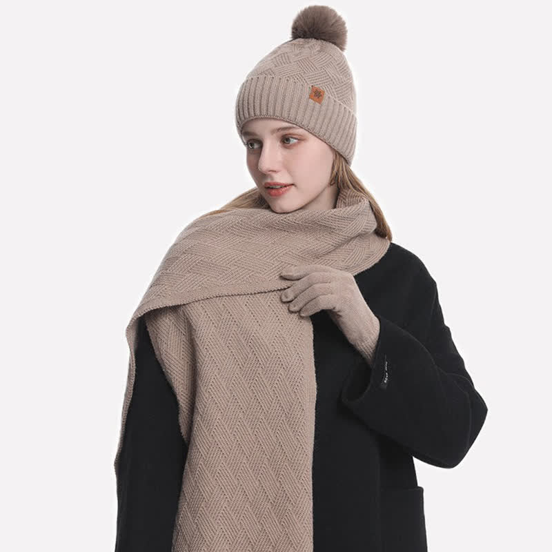 3Pcs Solid Color Fluffy Pom Pom Hat Scarf Gloves Set - Image 13
