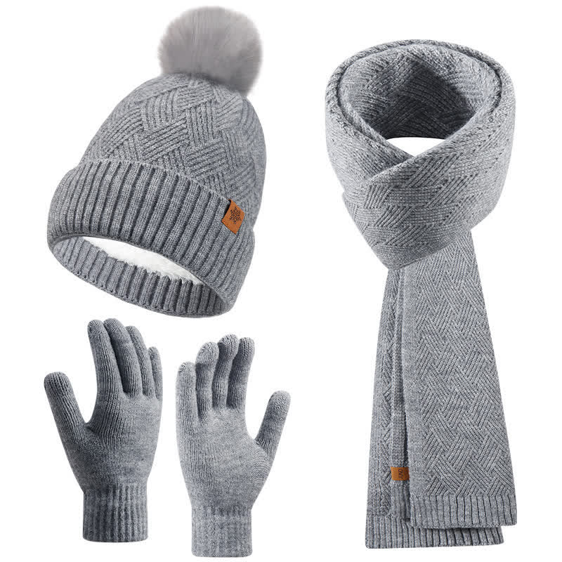 3Pcs Solid Color Fluffy Pom Pom Hat Scarf Gloves Set - Image 14