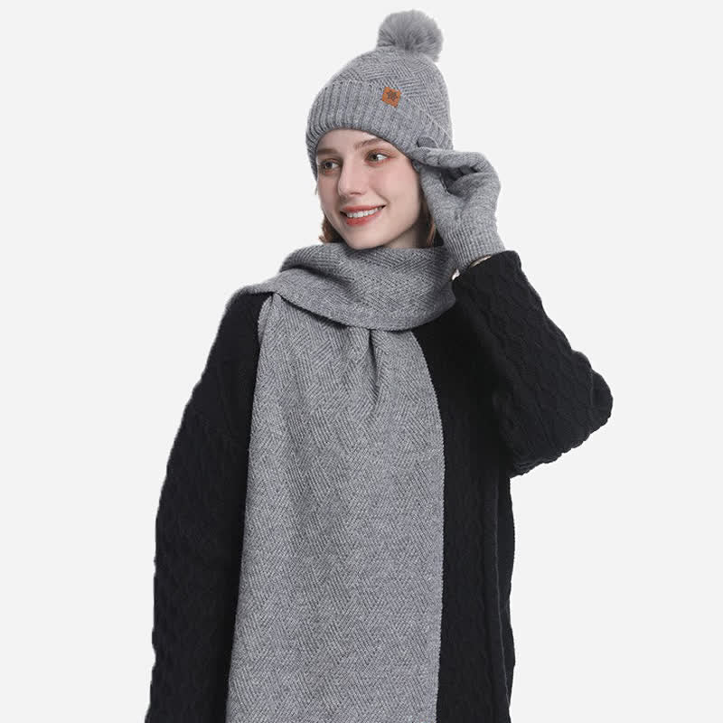 3Pcs Solid Color Fluffy Pom Pom Hat Scarf Gloves Set - Image 15