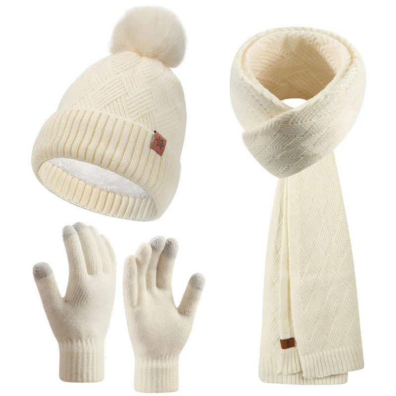 3Pcs Solid Color Fluffy Pom Pom Hat Scarf Gloves Set - Image 16