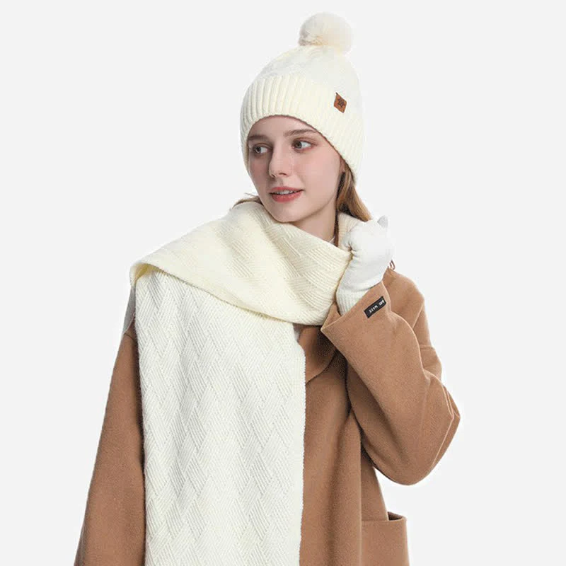 3Pcs Solid Color Fluffy Pom Pom Hat Scarf Gloves Set - Image 17