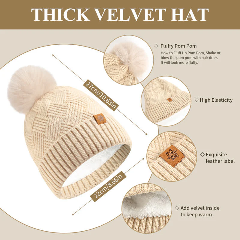 3Pcs Solid Color Fluffy Pom Pom Hat Scarf Gloves Set - Image 3