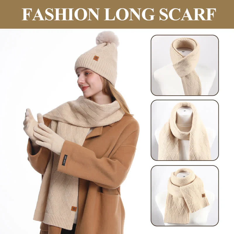3Pcs Solid Color Fluffy Pom Pom Hat Scarf Gloves Set - Image 4