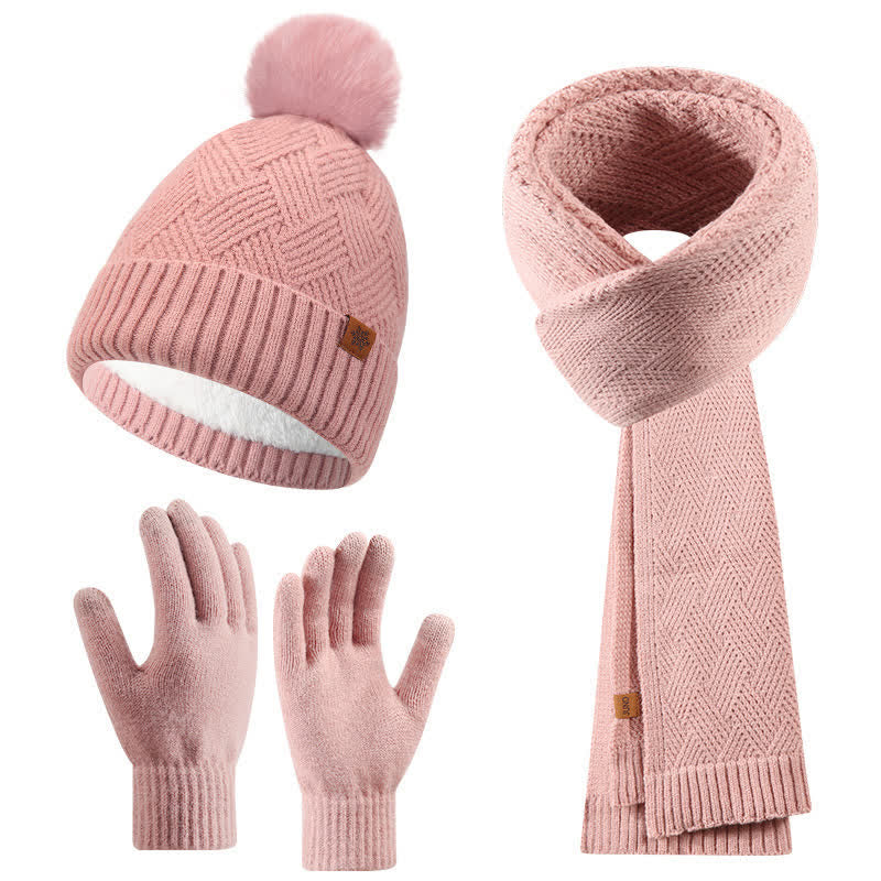 3Pcs Solid Color Fluffy Pom Pom Hat Scarf Gloves Set - Image 6