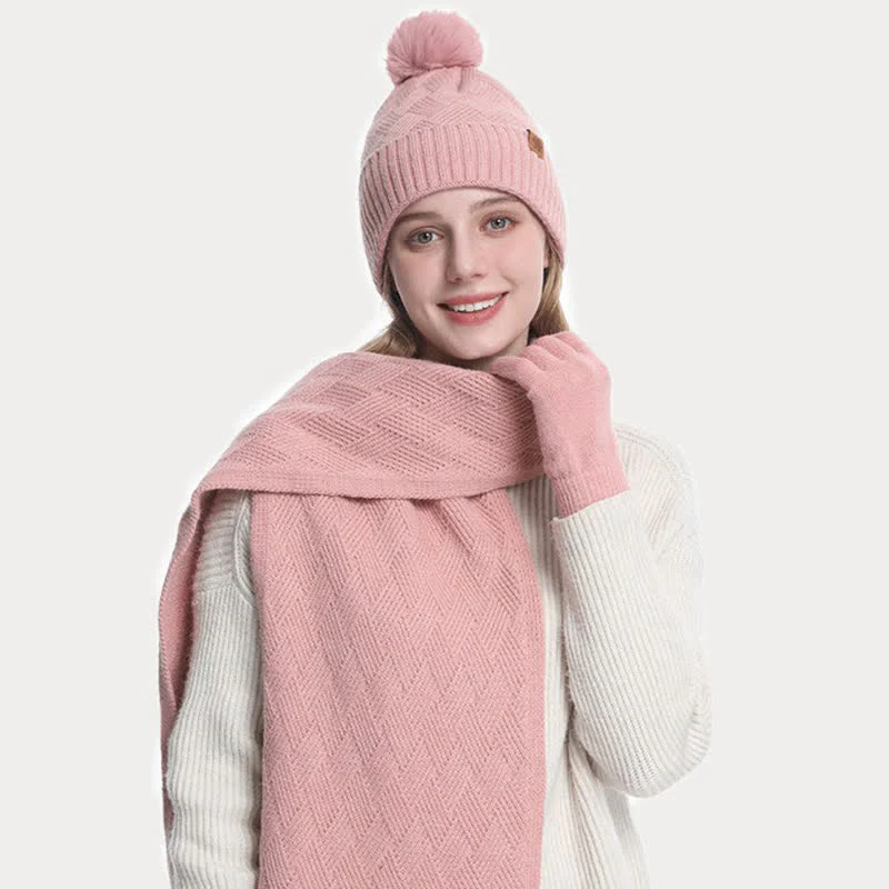 3Pcs Solid Color Fluffy Pom Pom Hat Scarf Gloves Set - Image 7