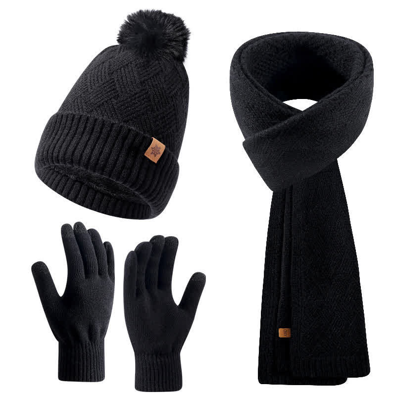 3Pcs Solid Color Fluffy Pom Pom Hat Scarf Gloves Set - Image 8