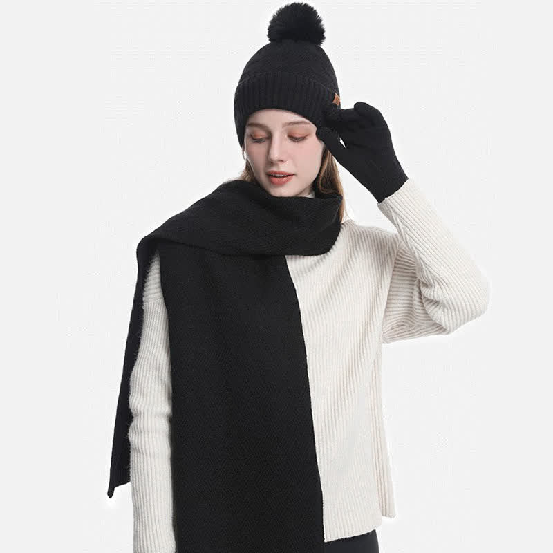 3Pcs Solid Color Fluffy Pom Pom Hat Scarf Gloves Set - Image 9