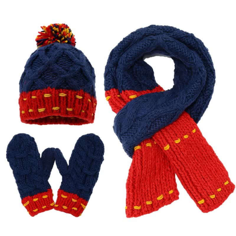 3Pcs Trendy Line Design Color-Blocked Hat Scarf Gloves Set