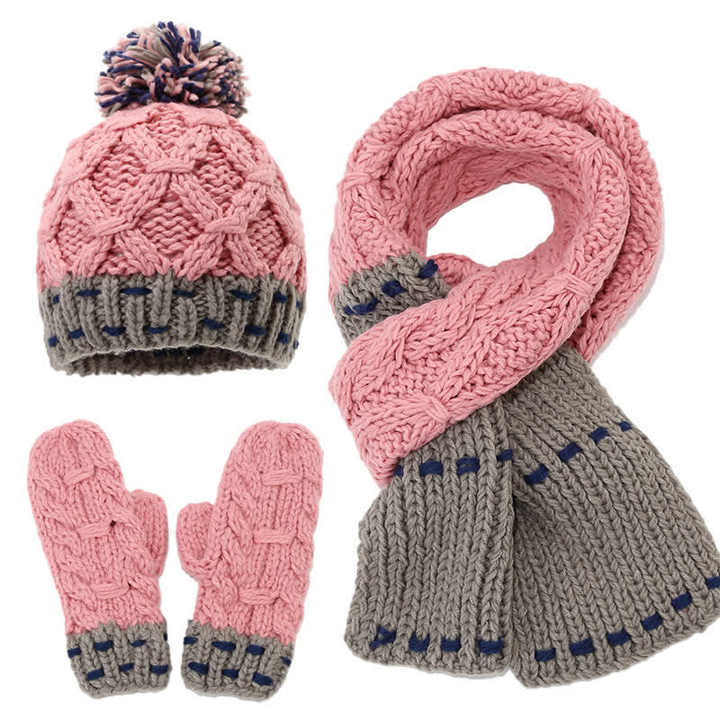 3Pcs Trendy Line Design Color-Blocked Hat Scarf Gloves Set - Image 5