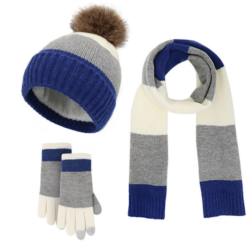 3Pcs Triple Color Block Warm Hat Scarf Gloves Set