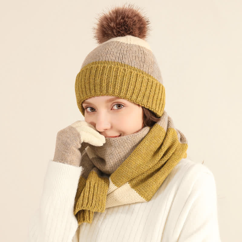3Pcs Triple Color Block Warm Hat Scarf Gloves Set - Image 9