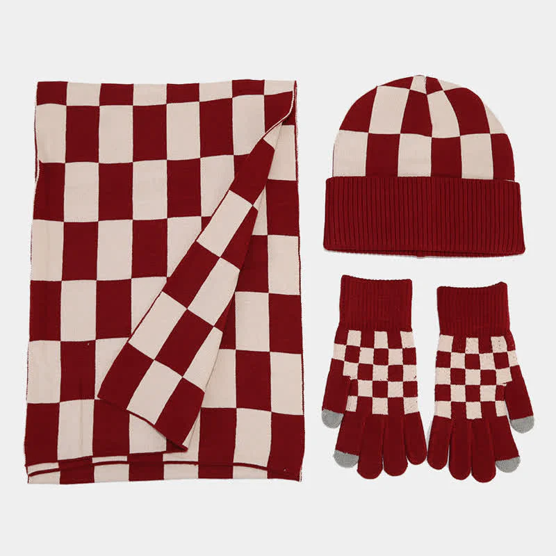 3Pcs Unisex Checkerboard Plaid Hat Scarf Gloves Set - Image 6