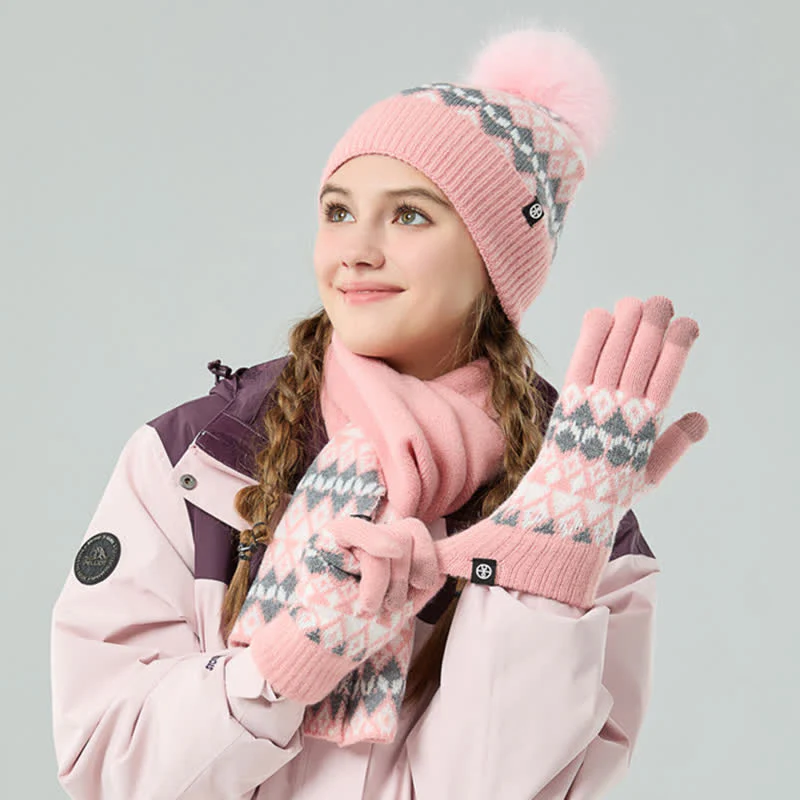3Pcs Unisex Comfort Diamond Pattern Knitted Hat Scarf Gloves Set - Image 10