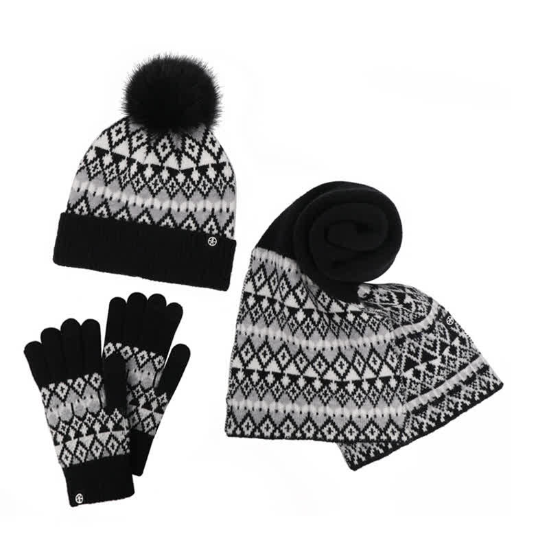 3Pcs Unisex Comfort Diamond Pattern Knitted Hat Scarf Gloves Set - Image 14