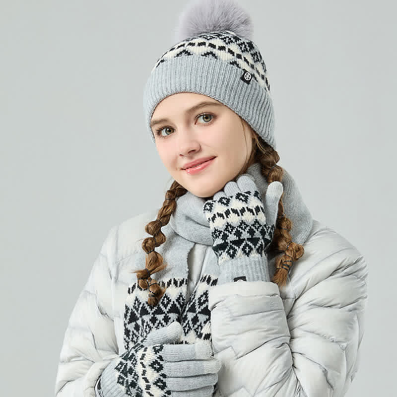3Pcs Unisex Comfort Diamond Pattern Knitted Hat Scarf Gloves Set - Image 2