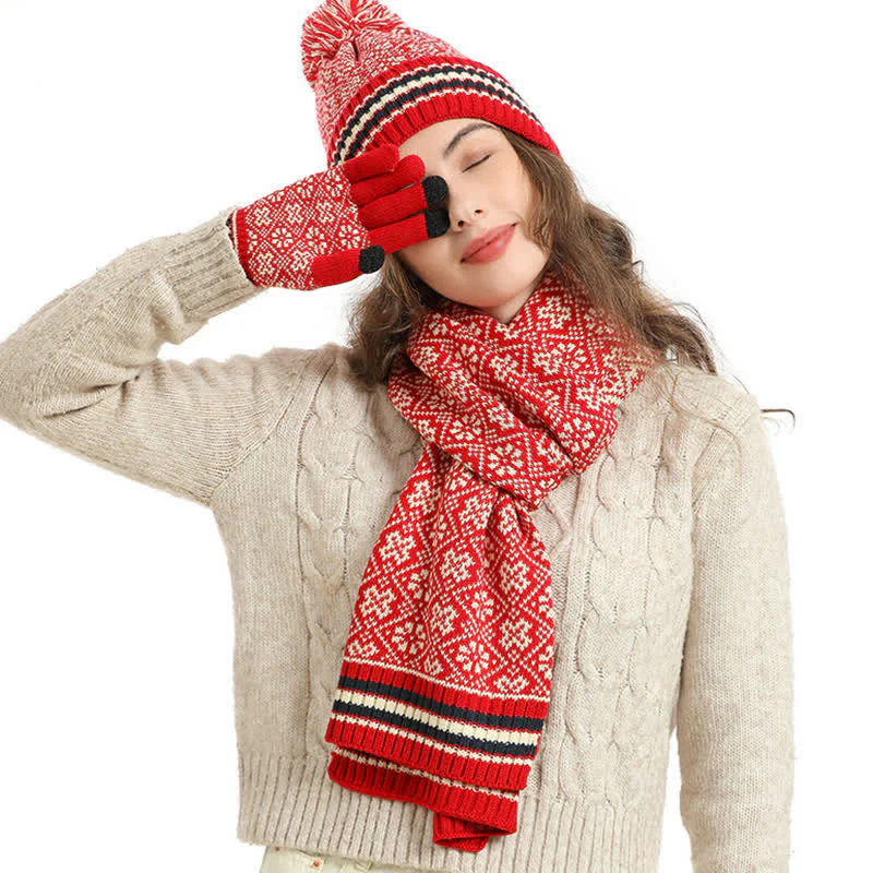 3Pcs Unisex Snowflake Hat Scarf Touchscreen Gloves Set - Image 15