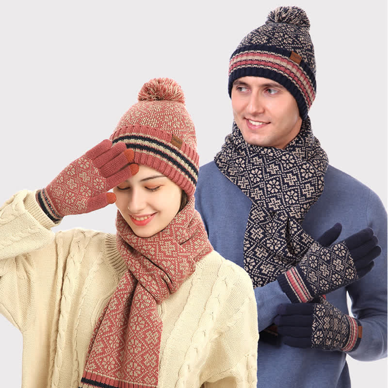 3Pcs Unisex Snowflake Hat Scarf Touchscreen Gloves Set - Image 2