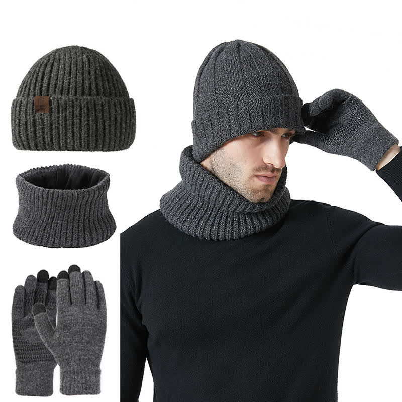 3Pcs Unisex Solid Color Hat Neck Warmer Gloves Set - Image 11