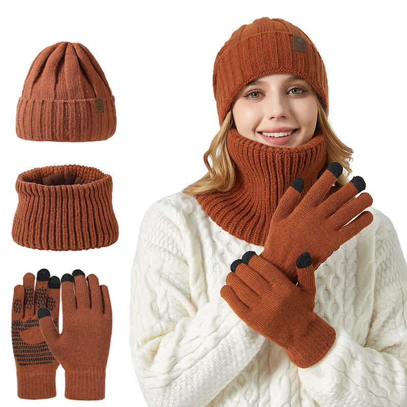 3Pcs Unisex Solid Color Hat Neck Warmer Gloves Set - Image 2