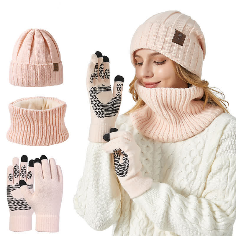 3Pcs Unisex Solid Color Hat Neck Warmer Gloves Set - Image 3