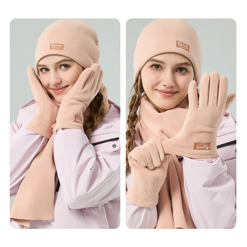 3Pcs Unisex Solid Color Polar Fleece Hat Scarf Gloves Set - Image 12