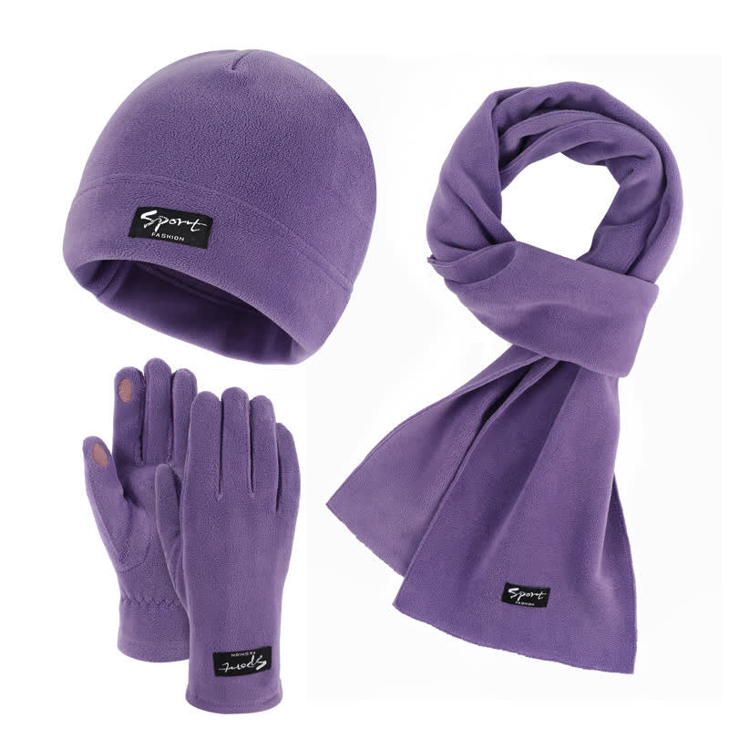 3Pcs Unisex Solid Color Polar Fleece Hat Scarf Gloves Set - Image 19