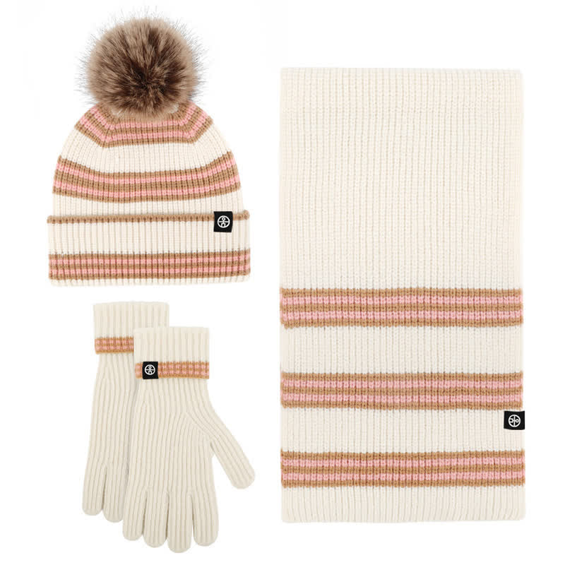 3Pcs Unisex Striped Pattern Fur Ball Knitted Hat Scarf Gloves Set - Image 11