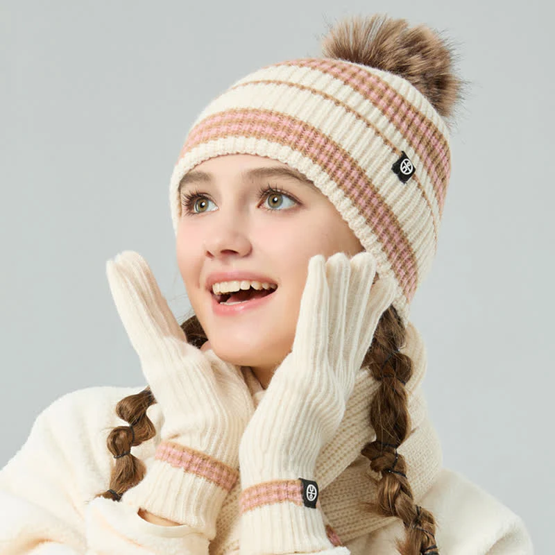 3Pcs Unisex Striped Pattern Fur Ball Knitted Hat Scarf Gloves Set - Image 12