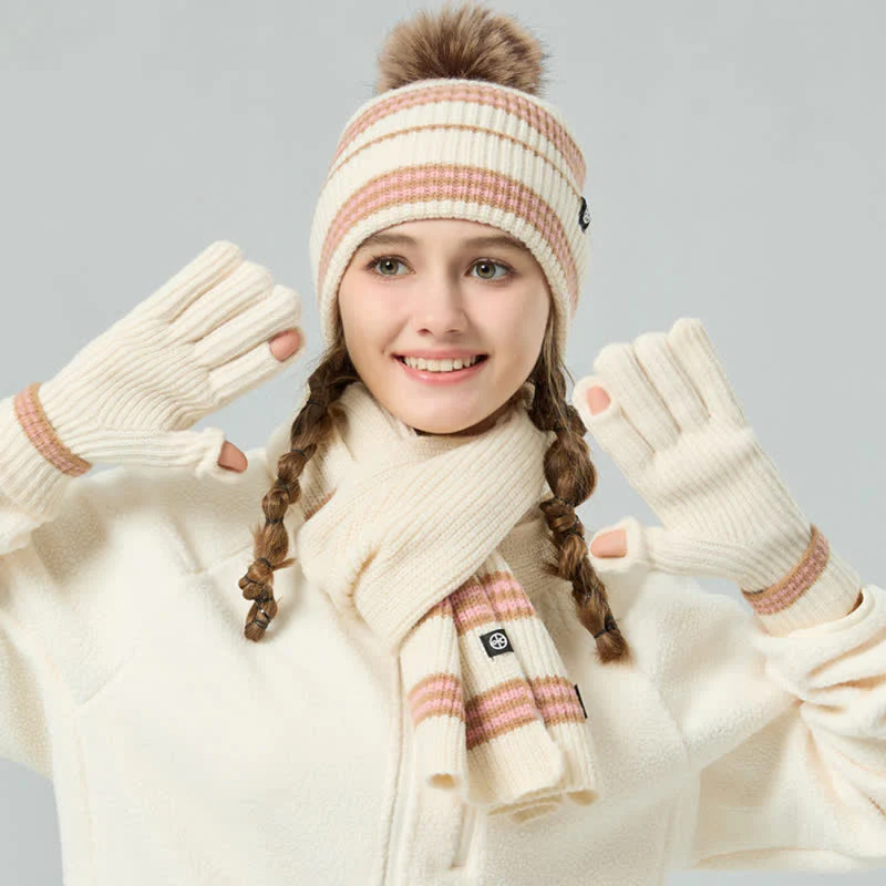 3Pcs Unisex Striped Pattern Fur Ball Knitted Hat Scarf Gloves Set - Image 13