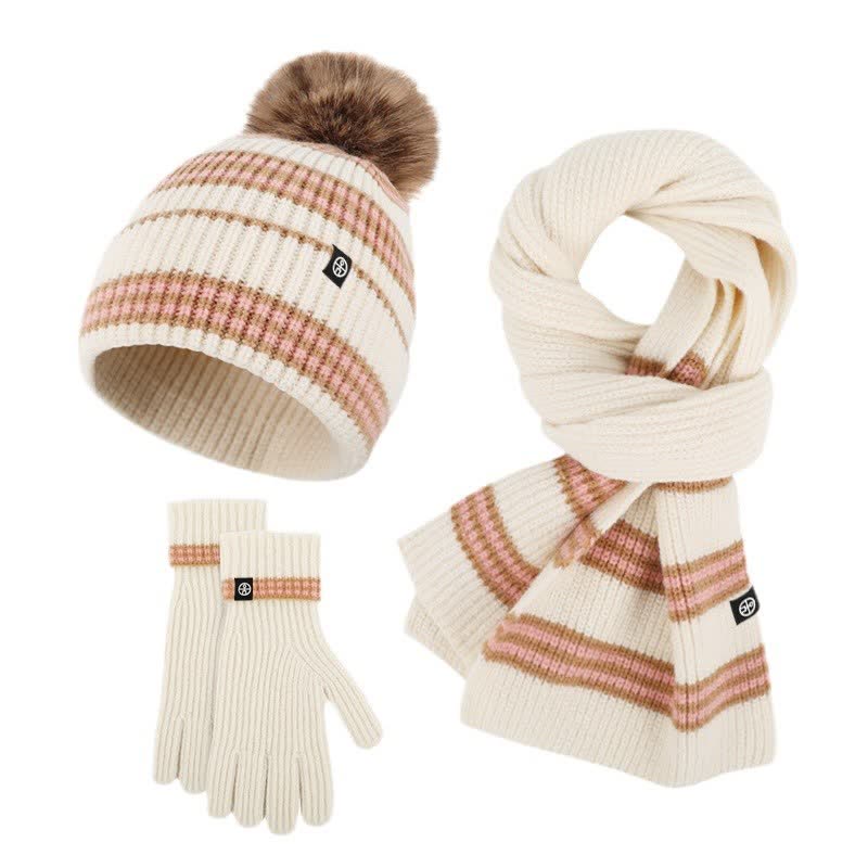 3Pcs Unisex Striped Pattern Fur Ball Knitted Hat Scarf Gloves Set - Image 15