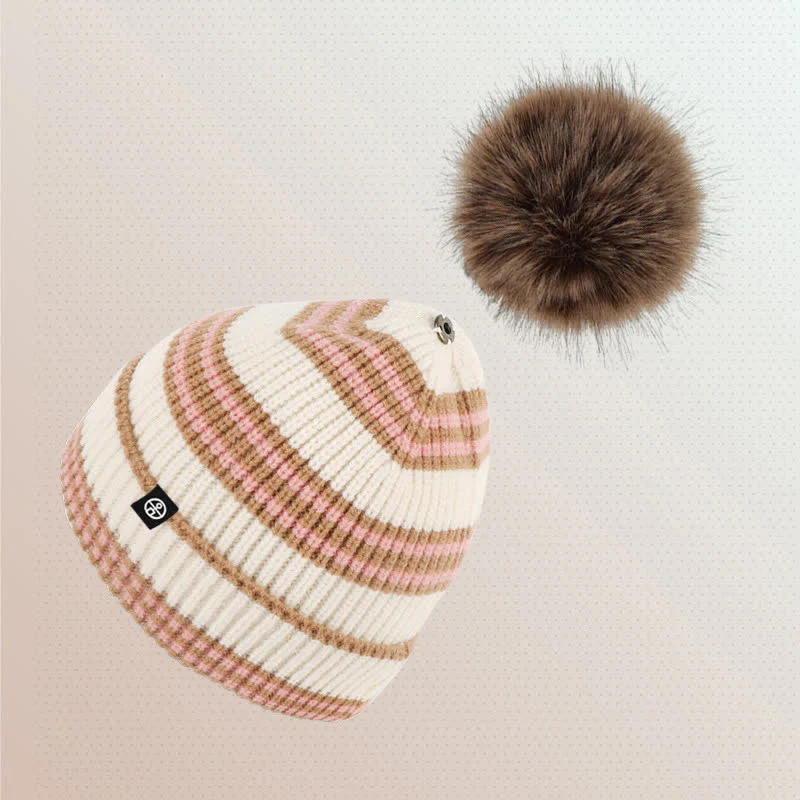 3Pcs Unisex Striped Pattern Fur Ball Knitted Hat Scarf Gloves Set - Image 16