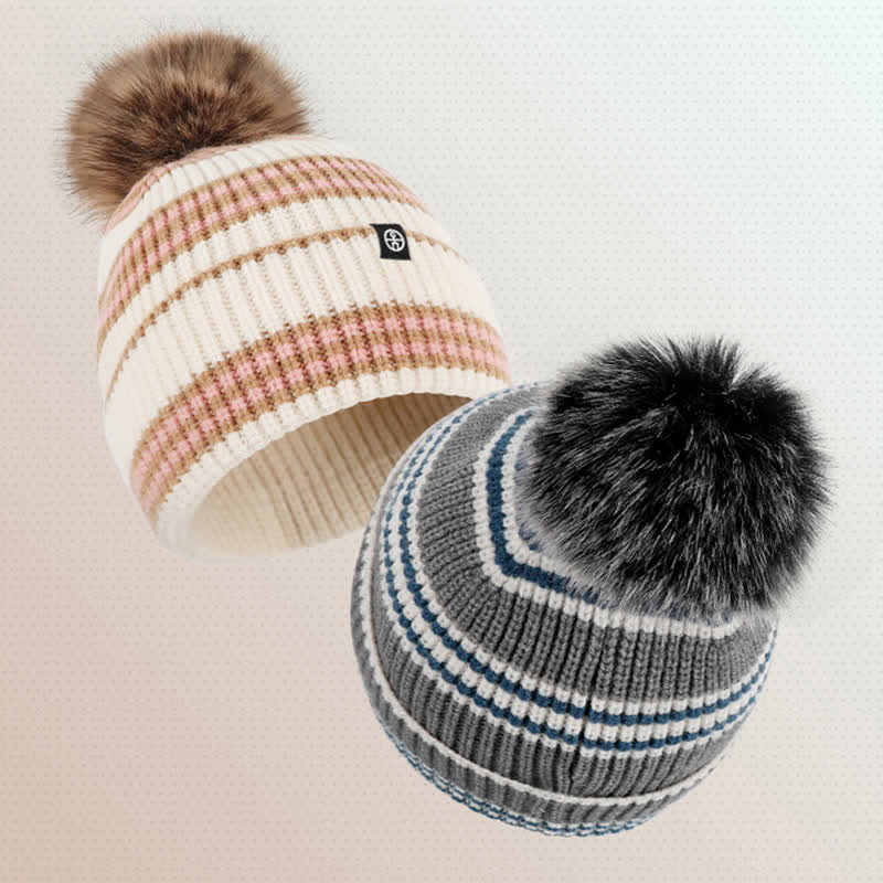 3Pcs Unisex Striped Pattern Fur Ball Knitted Hat Scarf Gloves Set - Image 17