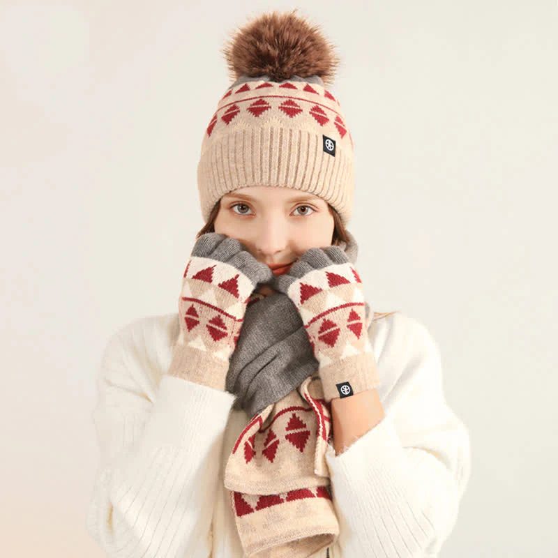 3Pcs Unisex Triangle Pattern Fur Pom Knitted Hat Scarf Gloves Set - Image 2