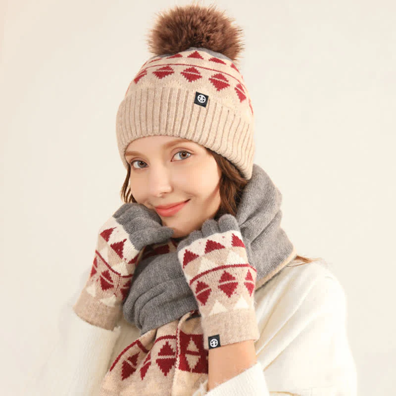 3Pcs Unisex Triangle Pattern Fur Pom Knitted Hat Scarf Gloves Set - Image 4