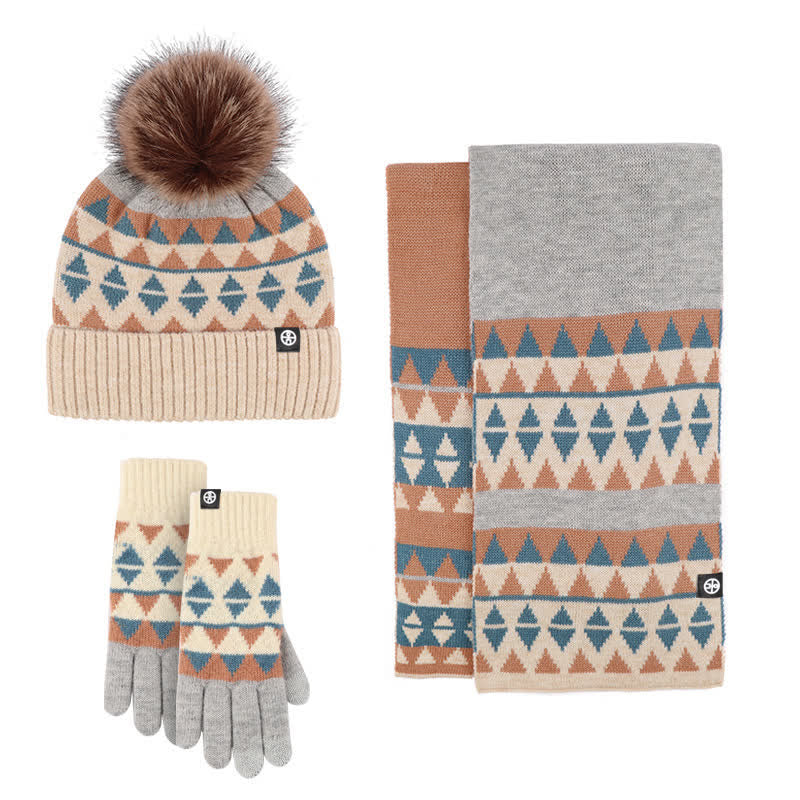 3Pcs Unisex Triangle Pattern Fur Pom Knitted Hat Scarf Gloves Set - Image 9