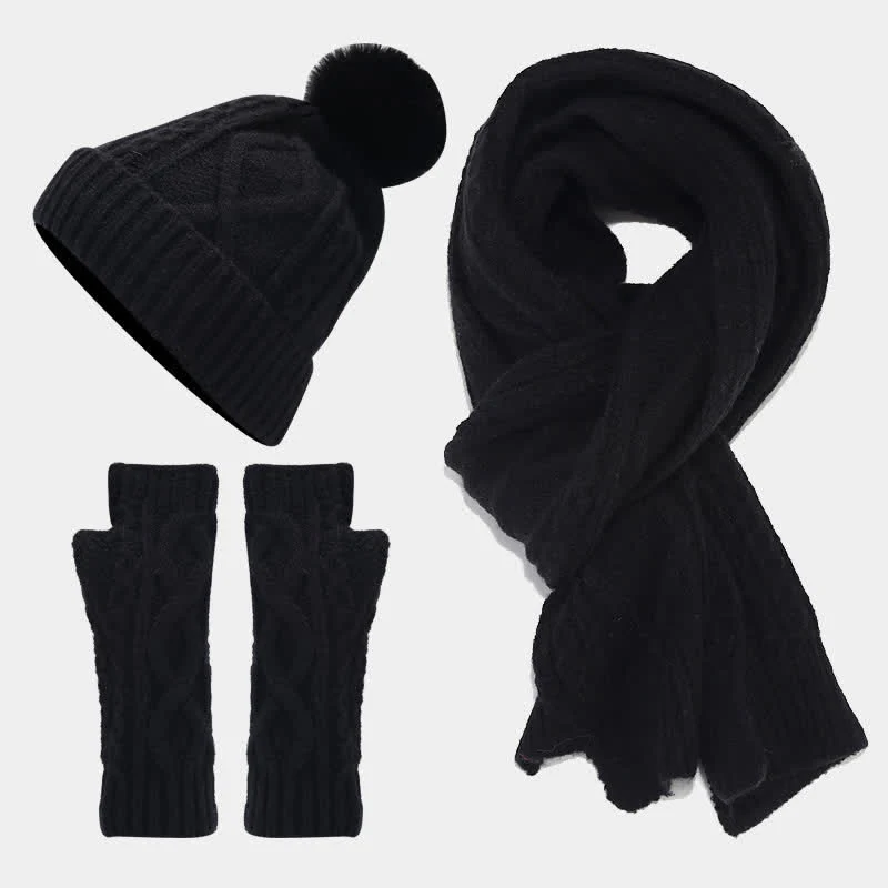3Pcs Women's Cable Knitted Hat Scarf Fingerless Mittens Set - Image 14