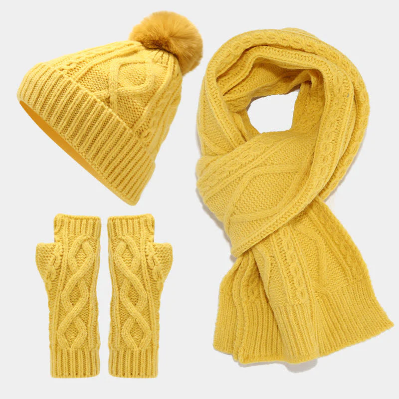 3Pcs Women's Cable Knitted Hat Scarf Fingerless Mittens Set - Image 16
