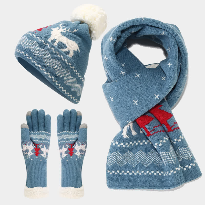 3Pcs Women's Reindeer Tree Jacquard Hat Scarf Gloves Set - Image 19