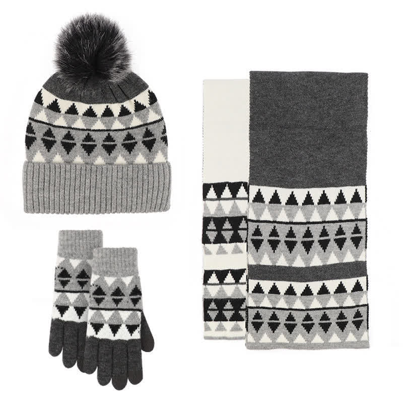 3Pcs Women's Triangle Pattern Hat Scarf Gloves Set - Image 10