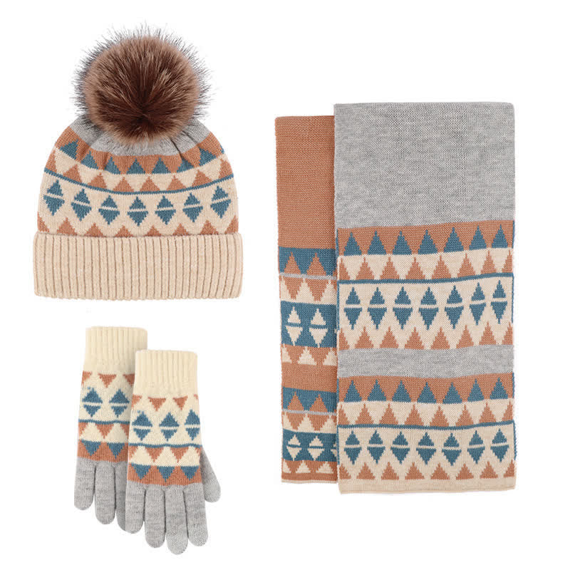 3Pcs Women's Triangle Pattern Hat Scarf Gloves Set - Image 6