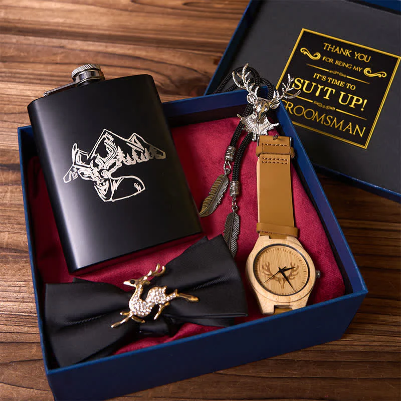 4Pcs Deer Theme Black Bow Tie Flask Bolo Tie Wooden Watch Groomsmen Gift Box - Image 2