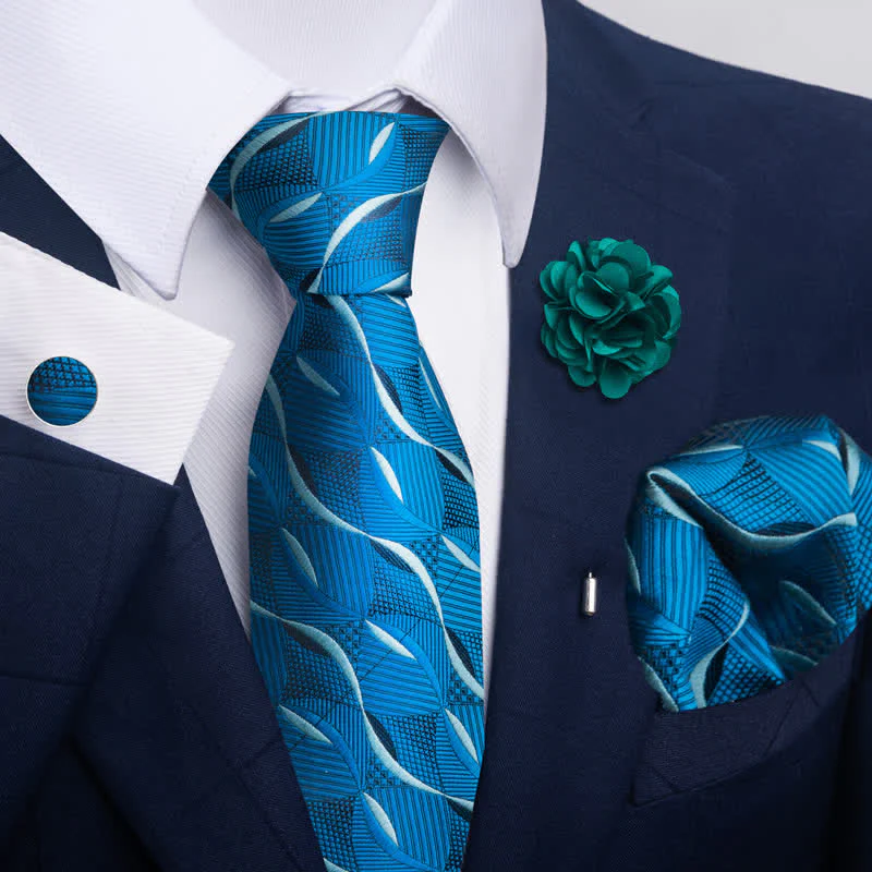 4Pcs Men's Blue Series Floral Striped Necktie Set - Image 11