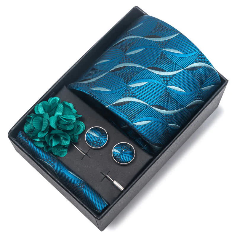 4Pcs Men's Blue Series Floral Striped Necktie Set - Image 12
