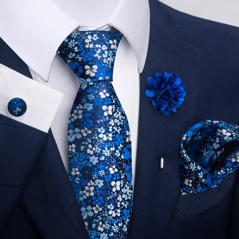 4Pcs Men's Blue Series Floral Striped Necktie Set - Image 7