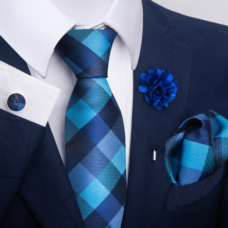 4Pcs Men's Blue Series Floral Striped Necktie Set - Image 9