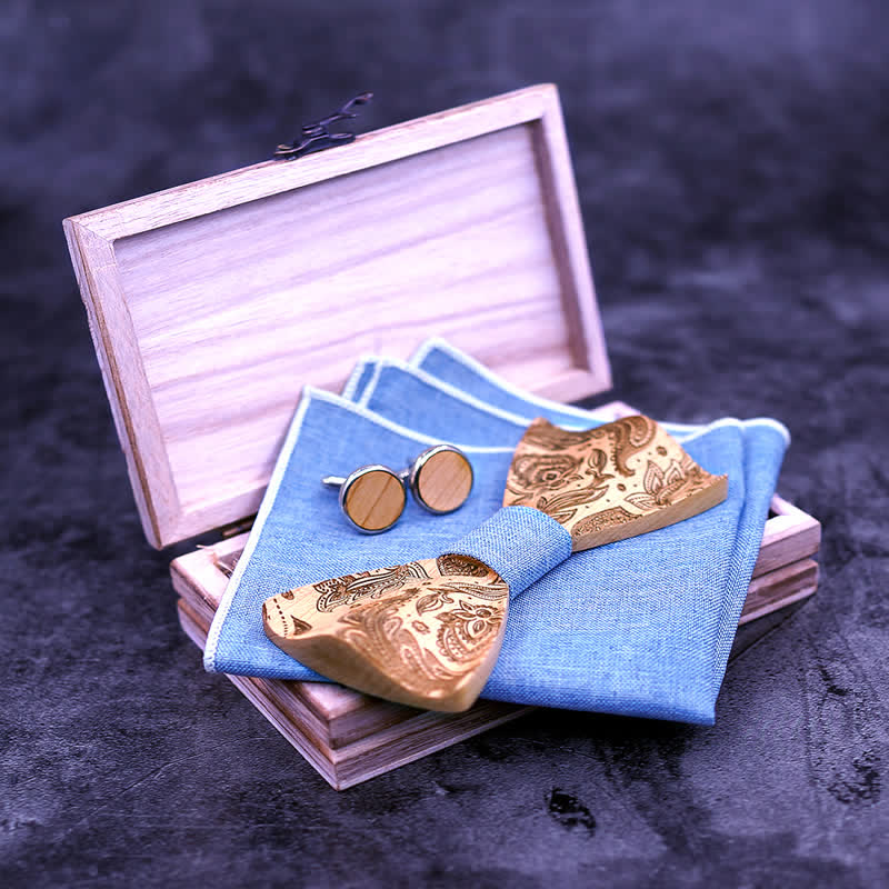 3Pcs Men's Carving Paisley Wooden Bow Tie Set - Image 6