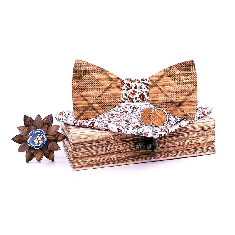 4Pcs Men's Classic Plaids Wooden Bow Tie Set - Image 10
