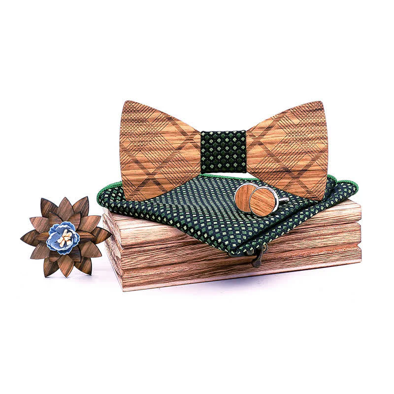 4Pcs Men's Classic Plaids Wooden Bow Tie Set - Image 11